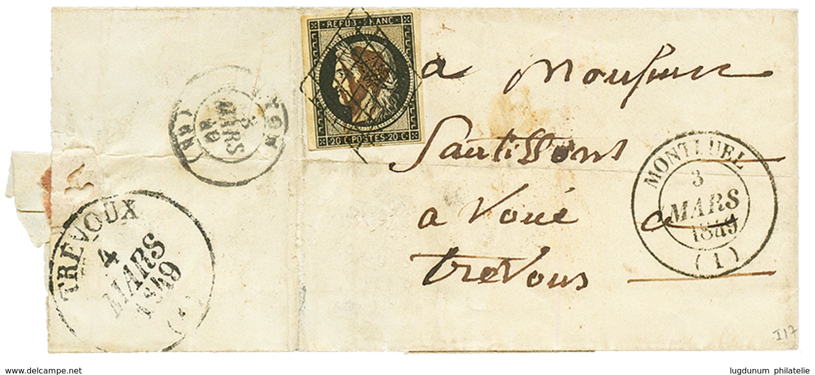 AIN : 1849 20c Noir (n°3) TB Margé Obl. Grille + Plume + T.14 MONTLUEL 3 Mars 1849 Pour TREVOUX. TTB. - Other & Unclassified