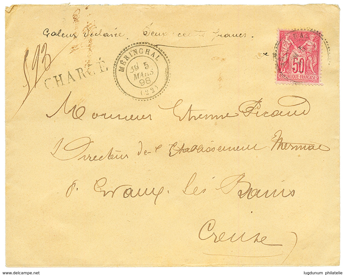 MERINCHAL - CREUSE : 1898 50c SAGE Obl. T.24 MERINCHAL + "VD=200F" Sur Enveloppe CHARGEE. Superbe. - Otros & Sin Clasificación