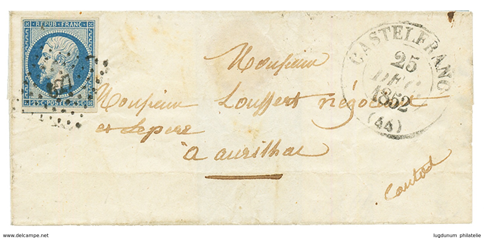 1852 25c REPUBLIQUE (n°10) TB Margé Obl. PC 627 + T.13 CASTELFRANC Sur Lettre. TTB. - Other & Unclassified