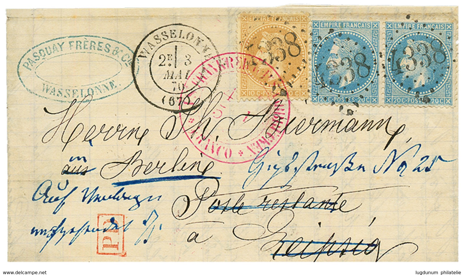 1870 10c(n°28) + Paire 20c (n°29) Obl. GC 4388 + T.17 WASSELONNE Sur Lettre Pour L' ALLEMAGNE. TTB. - Other & Unclassified