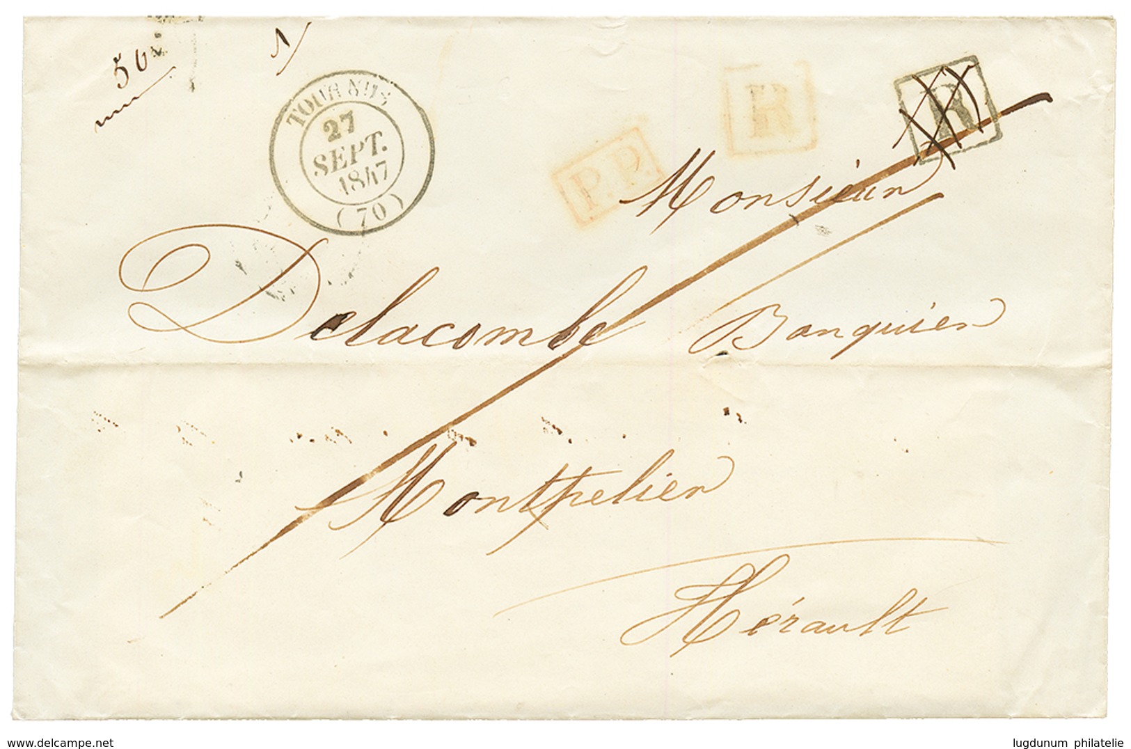 1847 T.14 TOURNUS + Cachet R Des RECOMMANDES + P.P Sur Env. Avec Texte Pour MONTPELLIER. Superbe. - Other & Unclassified