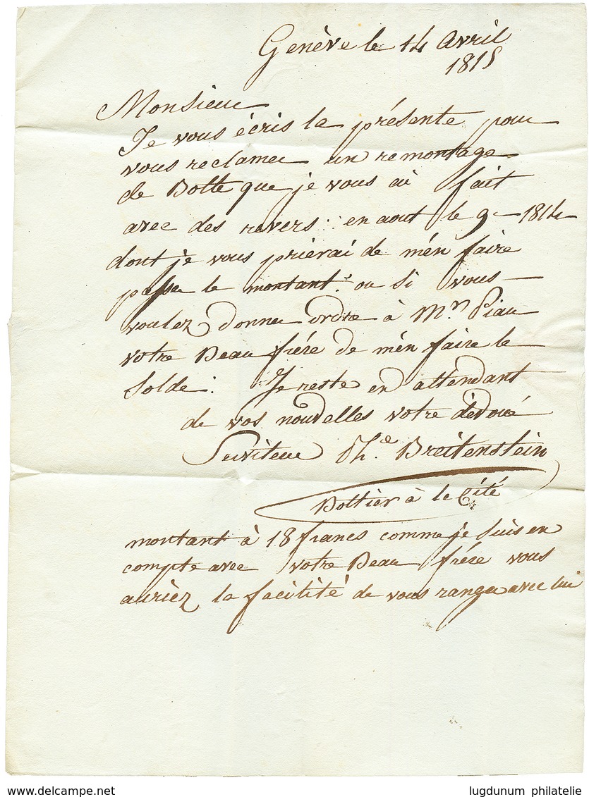 1815 DEB. ROANNE Au Verso + 99 GENEVE Au Recto Sur Lettre De GENEVE. TB. - Otros & Sin Clasificación