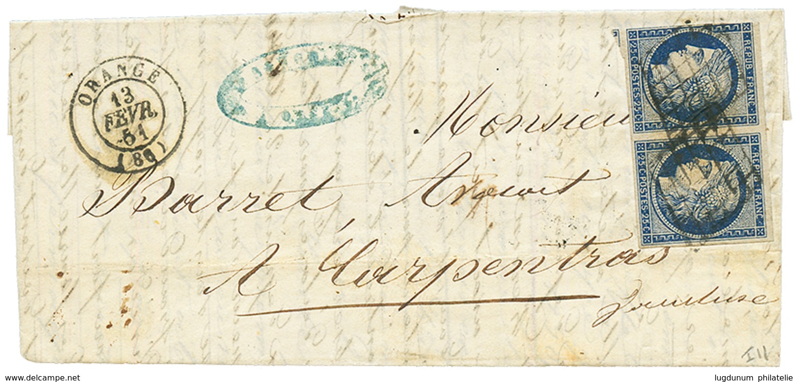 1851 Paire 25c CERES (n°4) Un Coté Touché Obl. Grille + T.15 ORANGE Pour CARPENTRAS. TTB. - Altri & Non Classificati