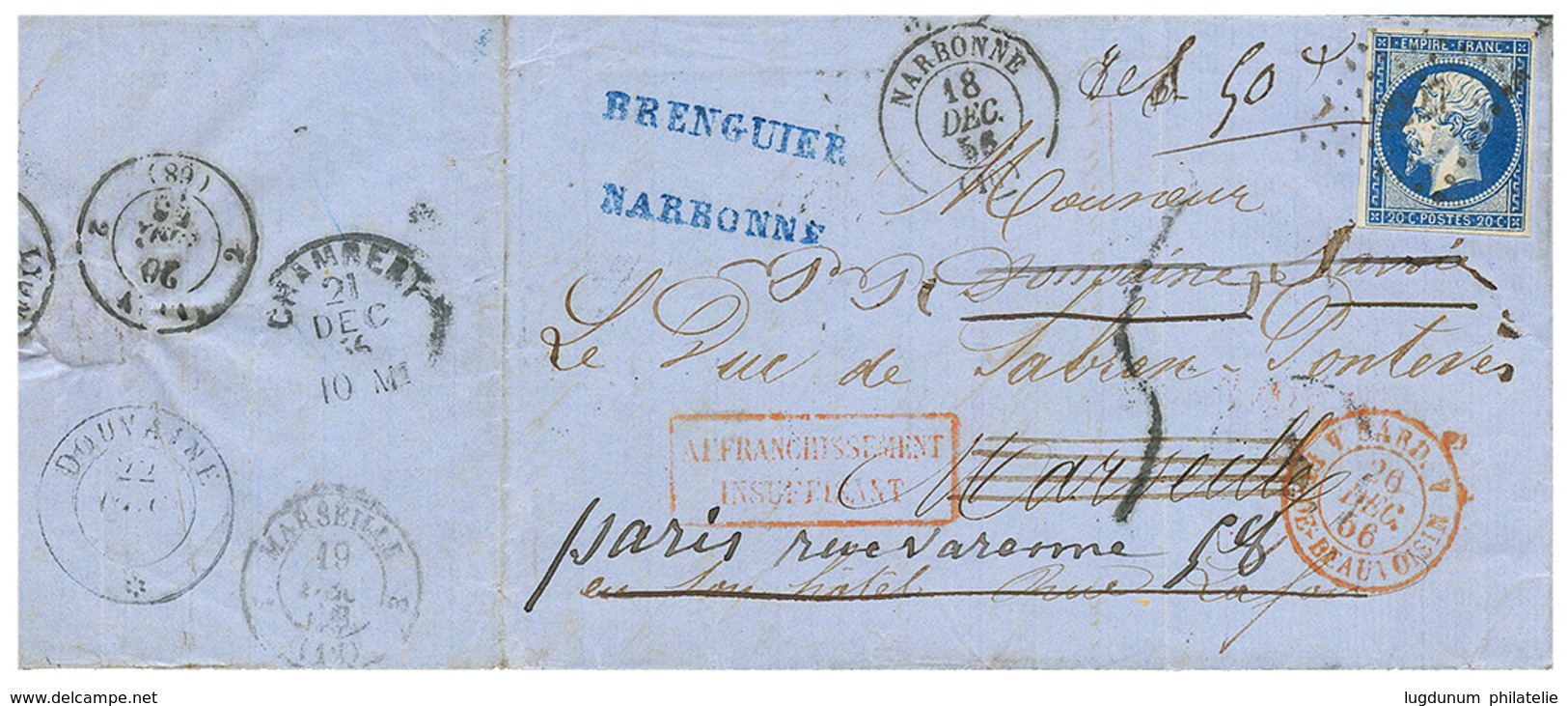 "DOUVAINE" : 1856 FRANCE 20c (n°14) + Taxe 5 Sur Lettre De NARBONNE Pour MARSEILLE, Réexpédiée à DOUVAINE . Verso, Cache - 1849-1876: Classic Period