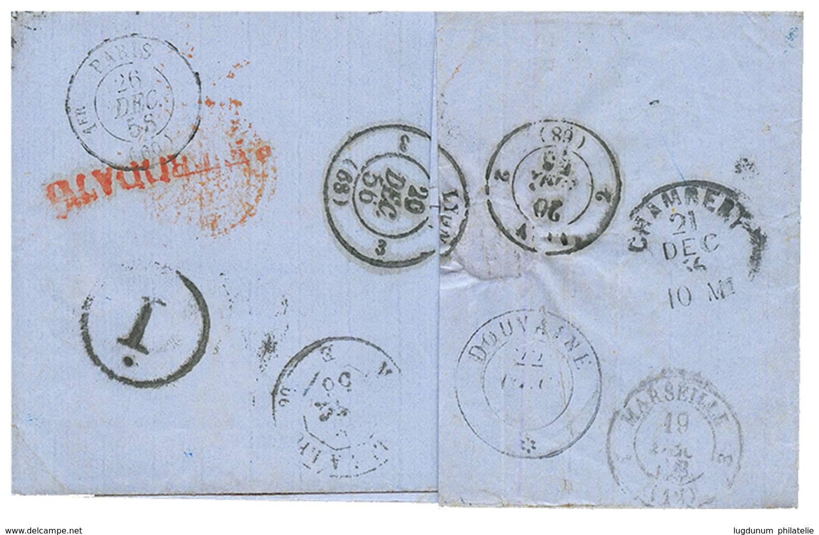 "DOUVAINE" : 1856 FRANCE 20c (n°14) + Taxe 5 Sur Lettre De NARBONNE Pour MARSEILLE, Réexpédiée à DOUVAINE . Verso, Cache - 1849-1876: Periodo Clásico