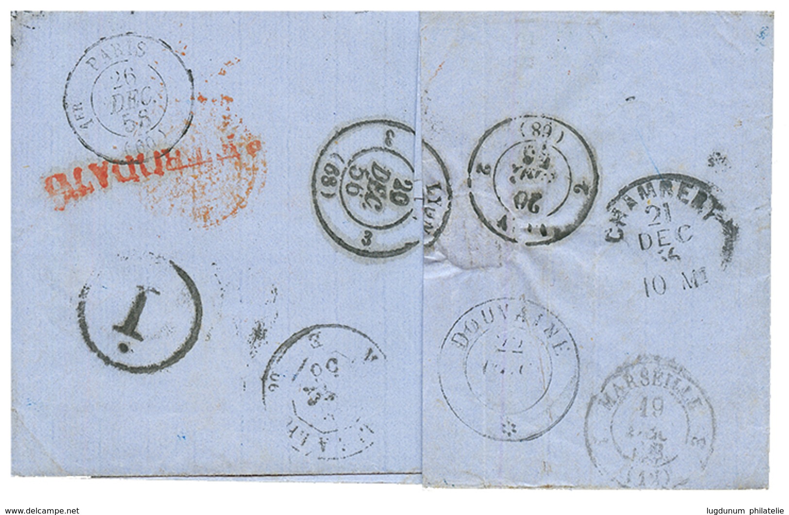 "DOUVAINE" : 1856 FRANCE 20c (n°14) + Taxe 5 Sur Lettre De NARBONNE Pour MARSEILLE, Réexpédiée à DOUVAINE . Verso, Cache - 1849-1876: Classic Period