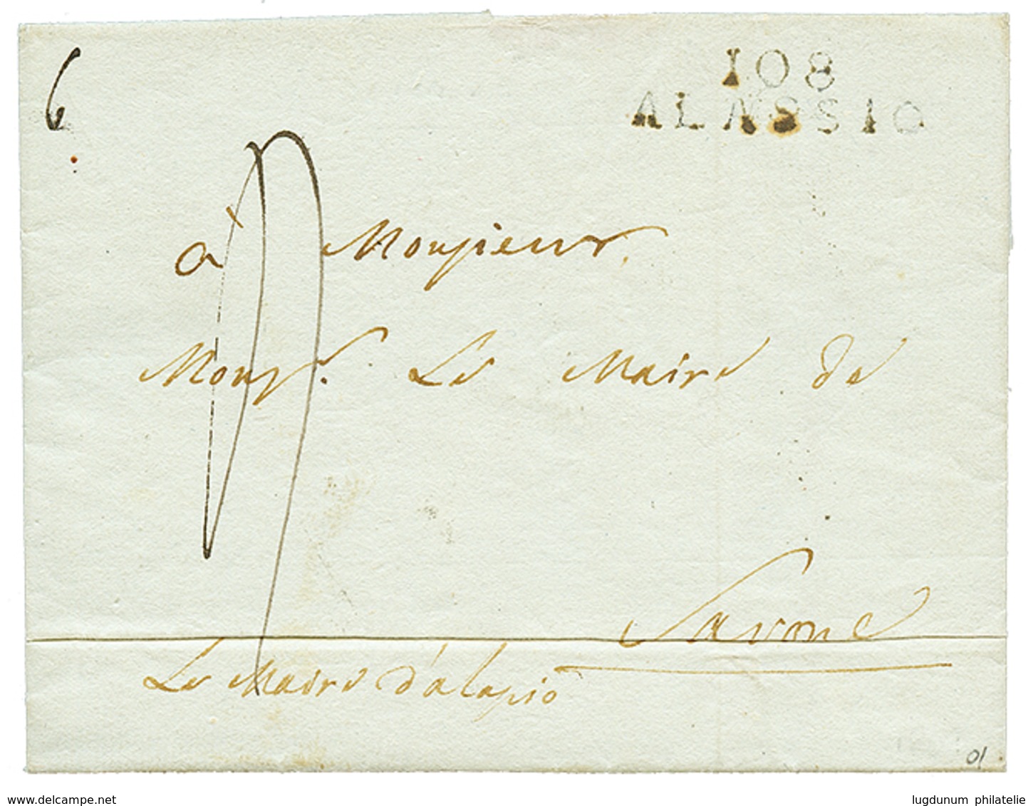 1809 Rare Cachet Deb.87 GÊNES + 108 ALASSIO Sur Lettre Avec Texte Daté ALASSIO Pour SAVONE. TTB. - 1792-1815 : Departamentos Conquistados