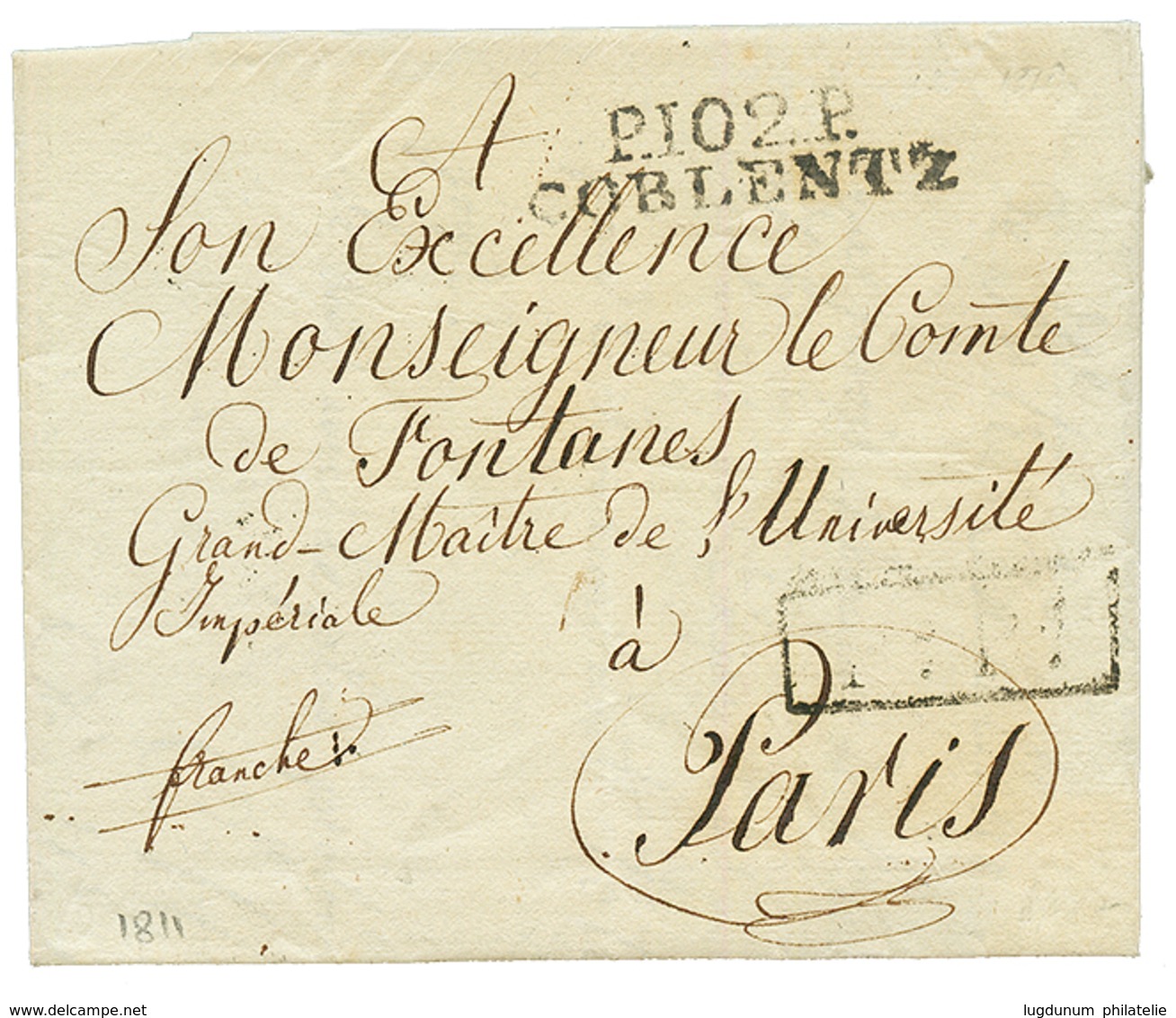 1811 P.102.P COBLENTZ Sur Lettre Pour PARIS. TTB. - 1792-1815: Conquered Departments