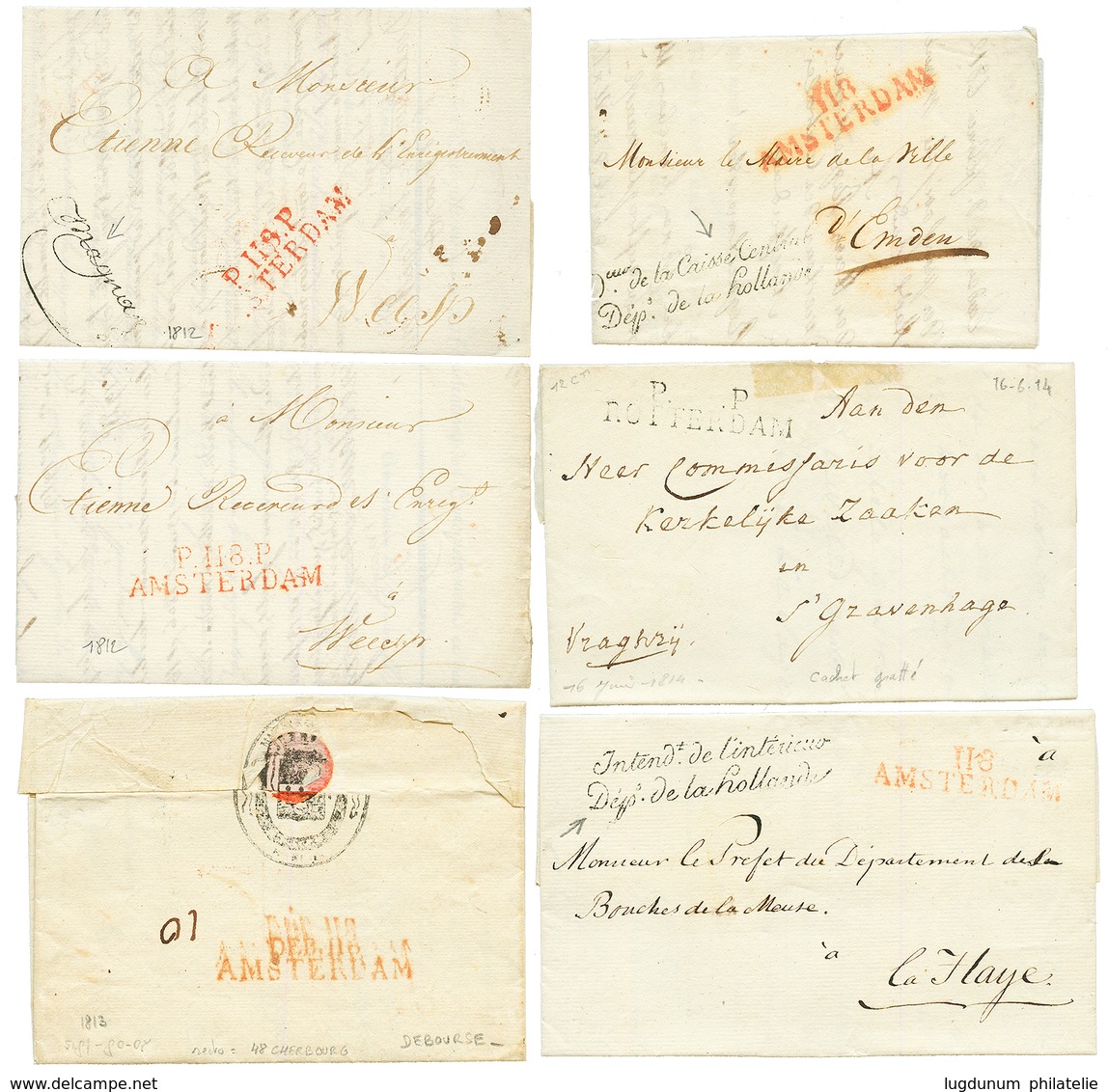 6 Lettres Avec Texte Datés : DEB. 118 AMSTERDAM + 48 CHERBOURG , P.118.P AMSTERDAM(x2), P.P ROTTERDAM (gratté), FRANCHIS - 1792-1815 : Departamentos Conquistados
