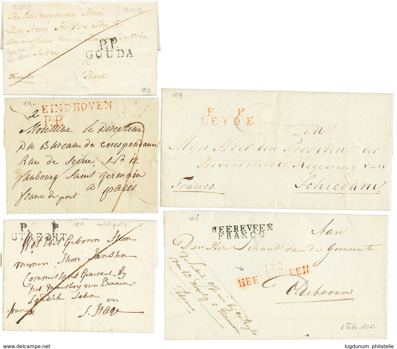 PAYS-BAS : Lot De 5 Lettres (PP + GOUDA, P. P Grattte + UTRECHT, P.P + ENDHOVEN P.P Gratté + LEYDE... TTB. - 1792-1815: Conquered Departments