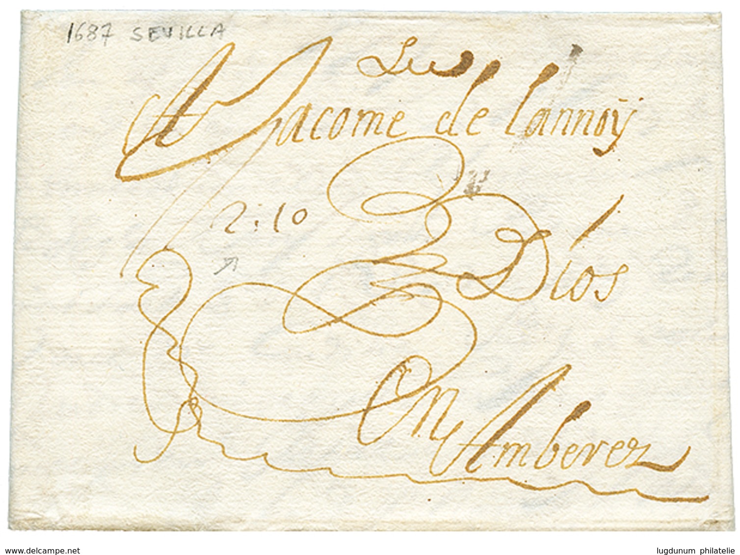 1687 Taxe "2.10" Manus. Sur Lettre Avec Texte De SEVILLE (ESPAGNE) Pour AMBEREZ(ANVERS BELGIQUE). TTB. - Entry Postmarks