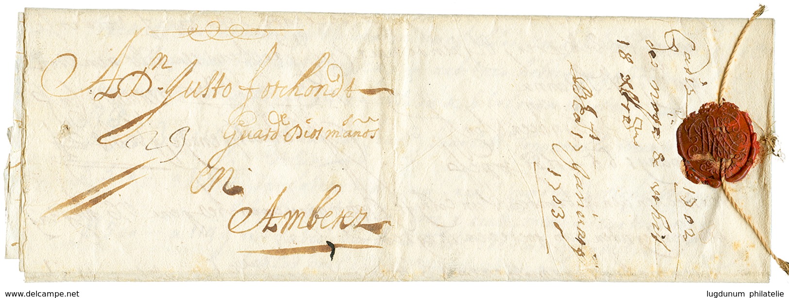 1703 Lettre Avec Texte De CADIX Pour ANVERS (BELGIQUE). Fermeture Avec Cachet CIRE + Cordelette. TTB. - Entry Postmarks