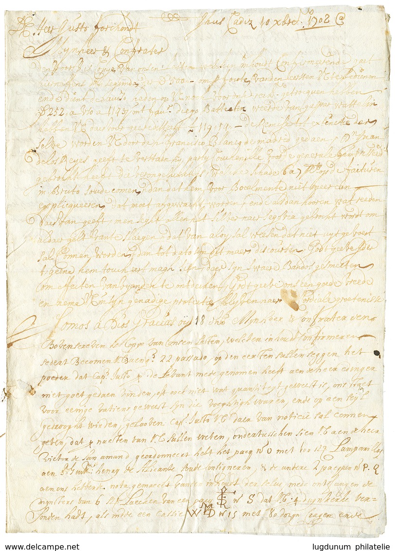 1703 Lettre Avec Texte De CADIX Pour ANVERS (BELGIQUE). Fermeture Avec Cachet CIRE + Cordelette. TTB. - Marques D'entrées