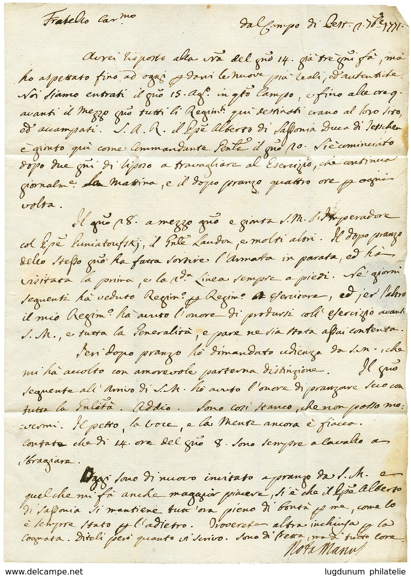 "CAMP De PEST (HONGRIE)" : 1771 "Du CAMP De PEST Manuscrit+ "P. VIENNE" Sur Lettre Avec Texte Daté "CAMPO DI PEST" Pour  - Army Postmarks (before 1900)