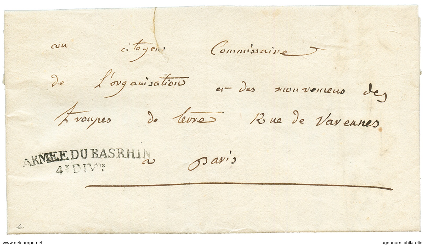 An 3 ARMEE DU BAS RHIN/4e DIVon Sur Lettre Avec Texte (déchirure Intérieure) De 3 Pages Pour PARIS. TTB. - Sellos De La Armada (antes De 1900)