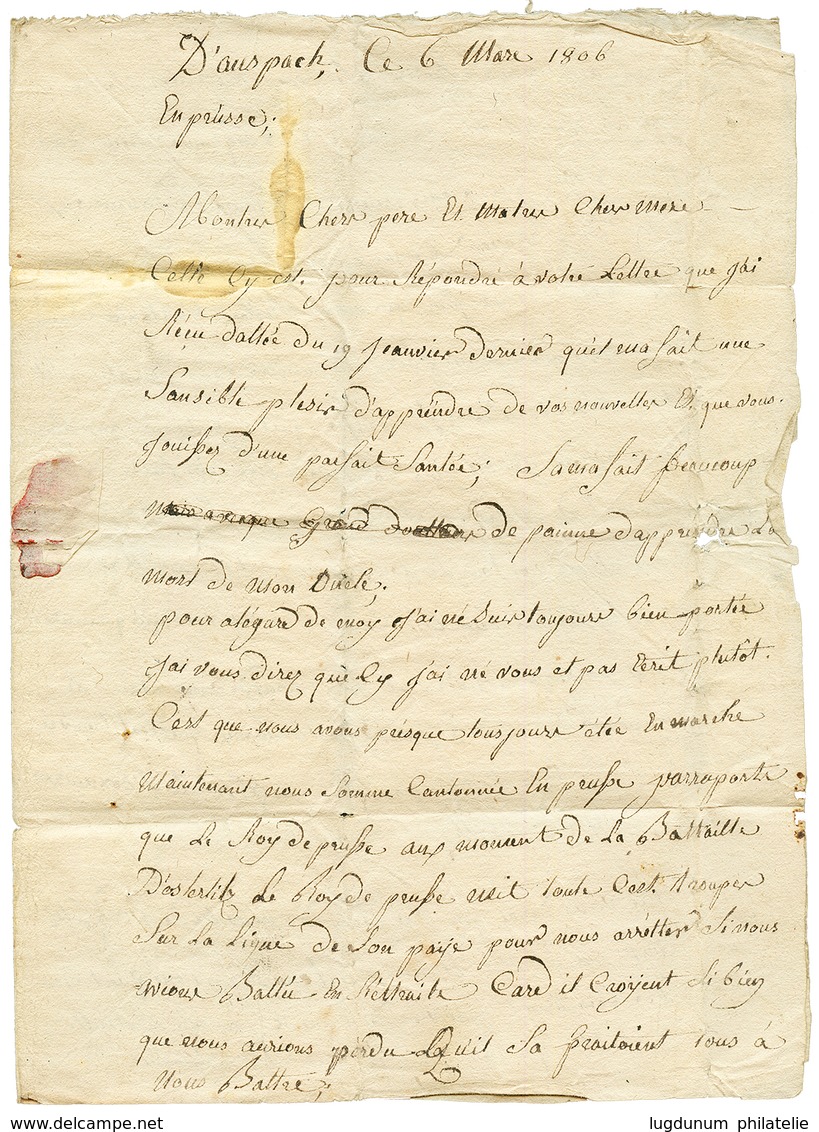 1806 N°15 GRANDE ARMEE En Bleu Sur Lettre Avec Texte Daté "D' AUSPACH" Pour La FRANCE. TB. - Sellos De La Armada (antes De 1900)