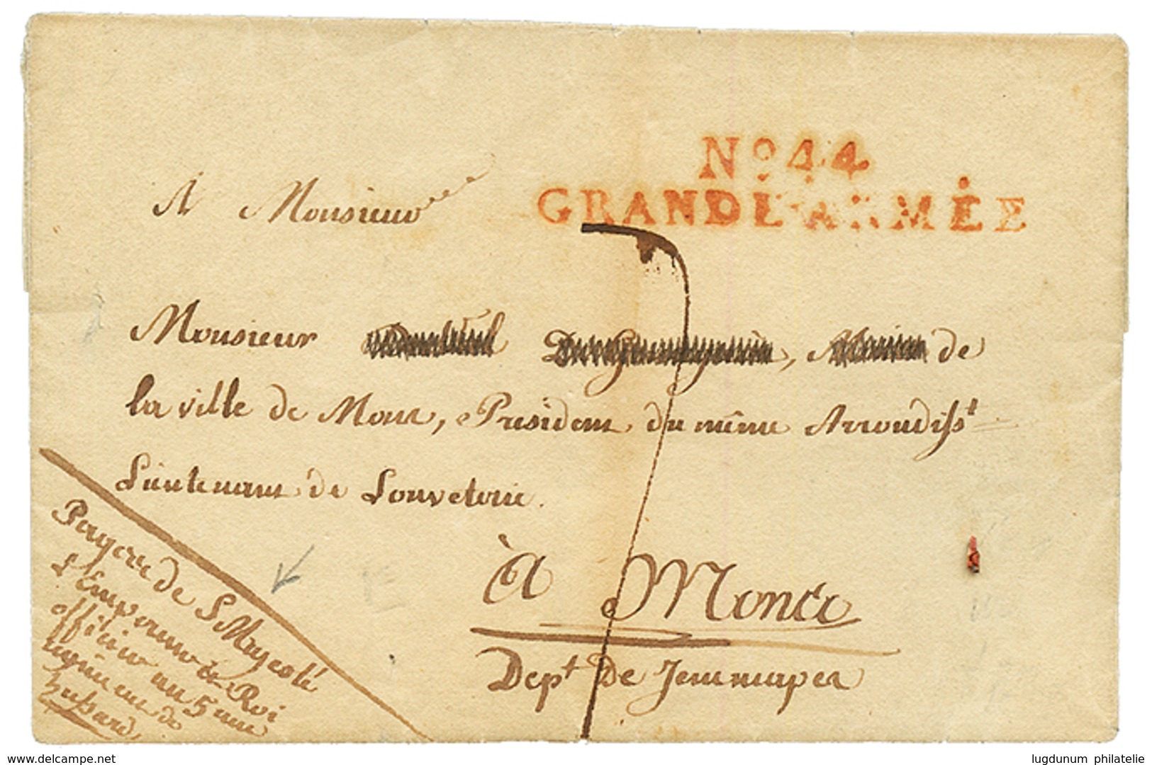 N°44 GRANDE ARMEE En Rouge + "5éme REGIMENT De HUSSARDS" Sur Lettre Ss Texte Pour MONCO. TB. - Sellos De La Armada (antes De 1900)