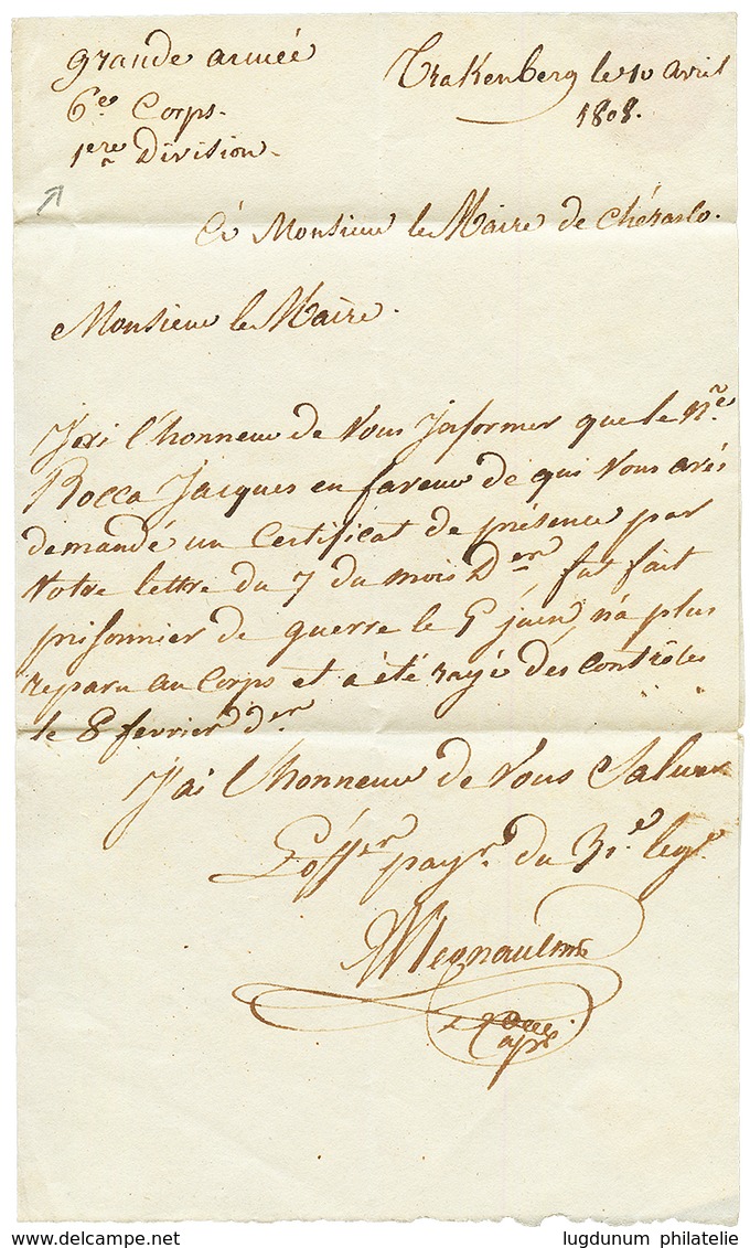 "6e CORPS" : 1808 N°19 GRANDE ARMEE Rouge Sur Lettre Avec Texte Daté "TRAKENBERG" Pour CHERASCO. TB. - Legerstempels (voor 1900)