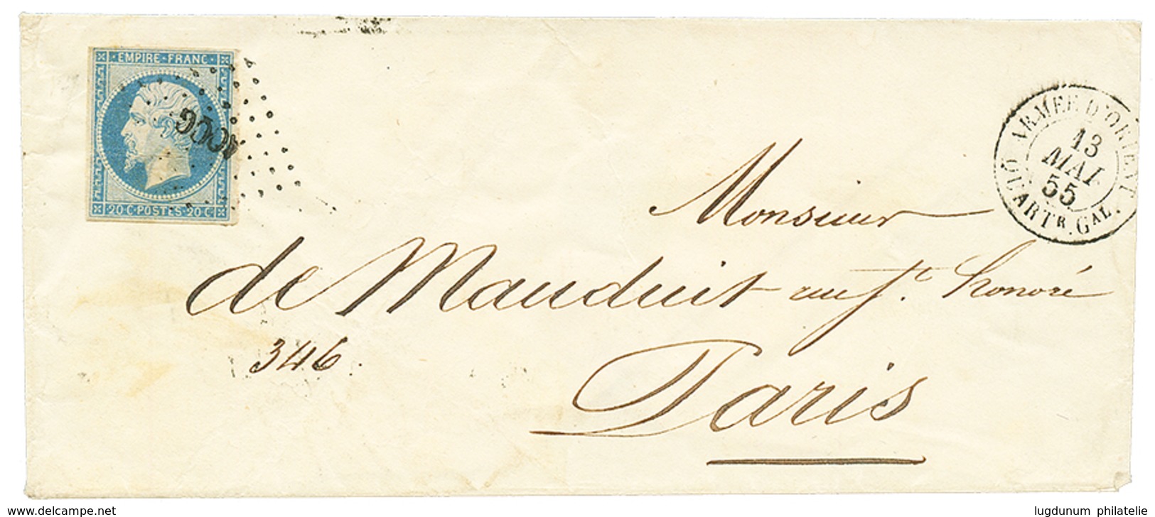 1855 20c(n°14) TB Margé Obl. AOQG + ARMEE D'ORIENT QUARTr Gal Sur Enveloppe Pour PARIS. Superbe. - Sellos De La Armada (antes De 1900)