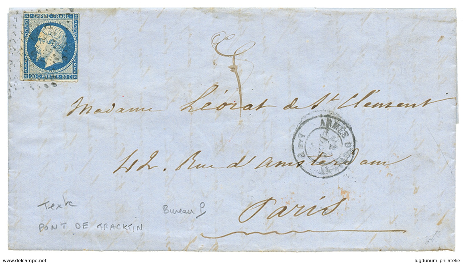 1855 20c(n°14) + ARMEE D'ORIENT Bau P Sur Lettre Avec Texte Daté "PONT De TRACKTIN" Pour PARIS. TB. - Sellos De La Armada (antes De 1900)