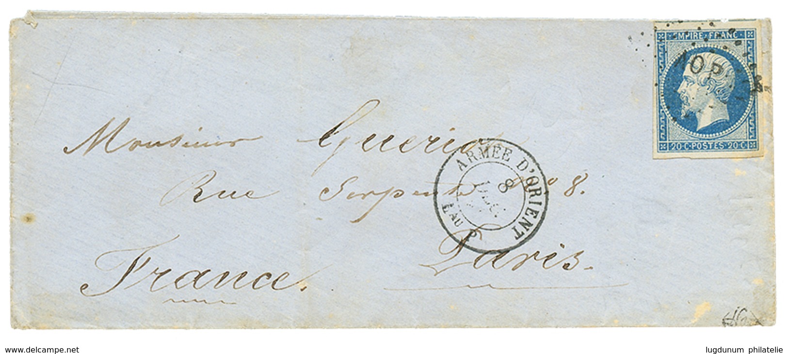 "BUREAU P" : 1855 20c(n°14) Obl. AOP + ARME D'ORIENT Bau P Sur Env. Pour PARIS. Signé J.F BRUN. TTB. - Legerstempels (voor 1900)