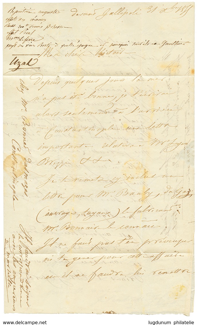 GUERRE CRIMEE - GALLIPOLI Via DRAGUIGNAN : 1856 T.15 MARSEILLE + Taxe 5 Sur Lettre Avec Texte Daté "DEVANT GALLIPOLI" Po - Sellos De La Armada (antes De 1900)