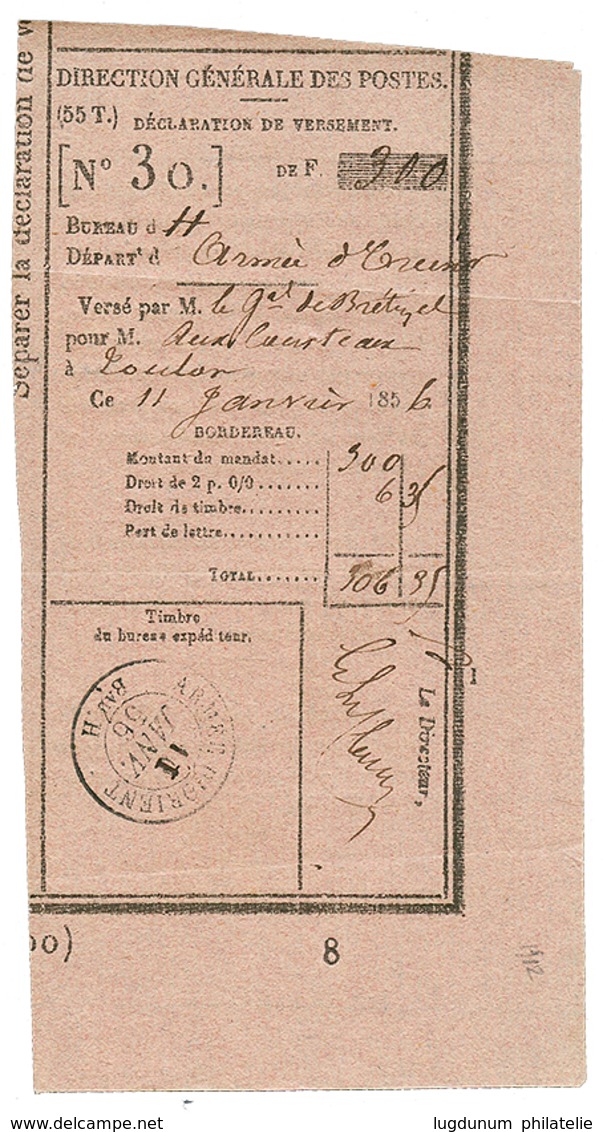 1856 ARMEE D' ORIENT Bau H Sur RECEPISSE De MANDAT (300F) En Provenance Du Bureau H De L' ARMEE D' ORIENT. Rare. Superbe - Legerstempels (voor 1900)
