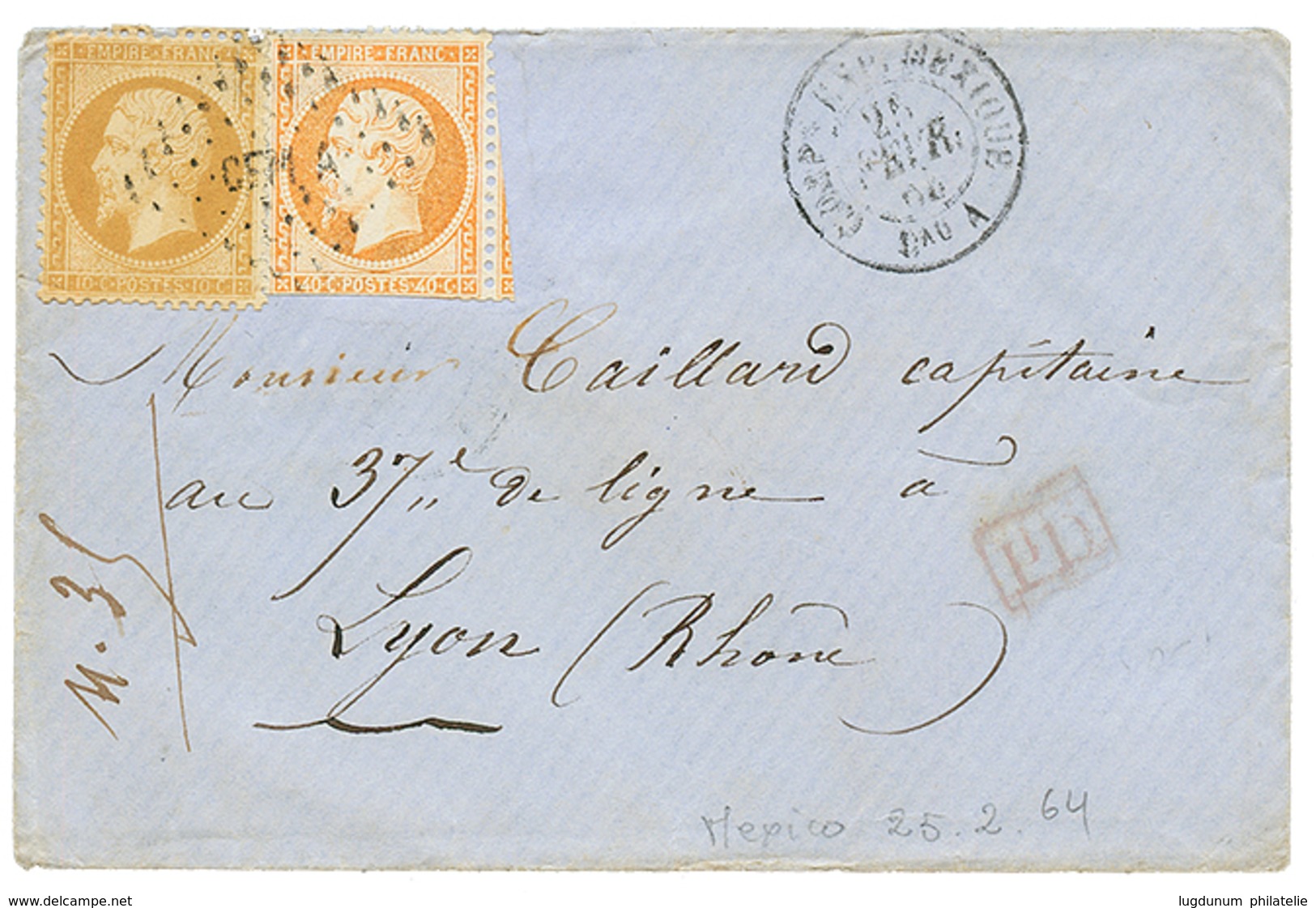1866 10c(n°21) + 40c(n°23) Pd Obl. CEMA + CORPS EXP. MEXIQUE Bau A Sur Env. Pour La FRANCE. TB. - Legerstempels (voor 1900)