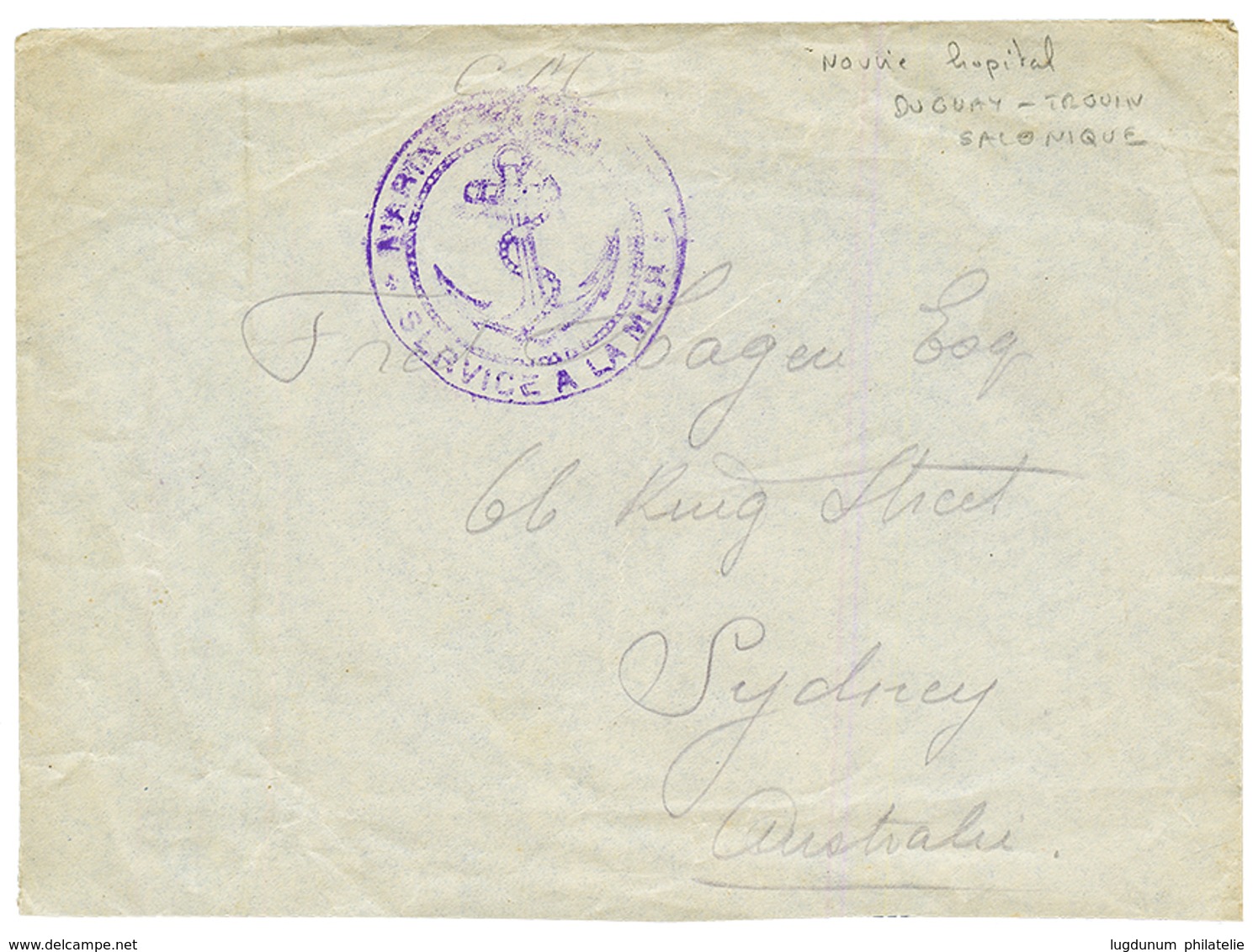 "SALONIQUE - NAVIRE HOPITAL" : MARINE FRANCAISE SERVICE A LA MER + "C.M" Sur Enveloppe Pour SYDNEY AUSTRALIE. Verso, NAV - Sellos De La Armada (antes De 1900)