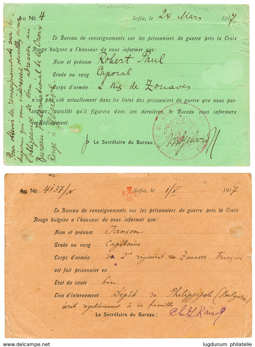 BULGARIA - RED-CROSS WORLD WAR I : 1917 Lot 2 Cartes CROIX ROUGE "SOCIETE BULGARE DE LA CROIX ROUGE" Datées De SOFIA Via - Sellos De La Armada (antes De 1900)