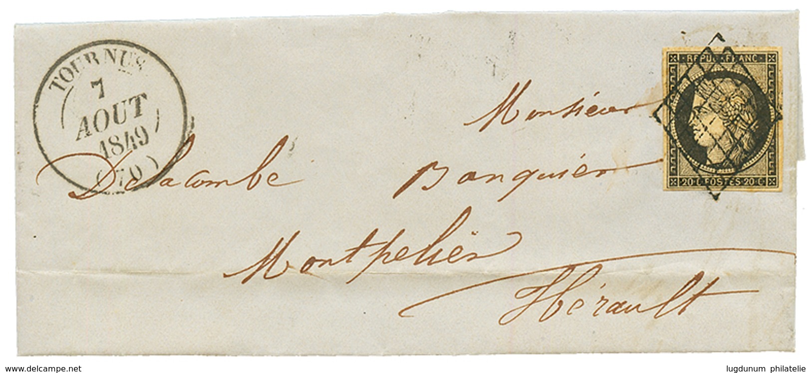 1849 20c Noir Sur Jaune (n°3) TTB Margé Obl. Grille + T.14 TOURNUS Sur Lettre. Superbe. - 1849-1850 Cérès