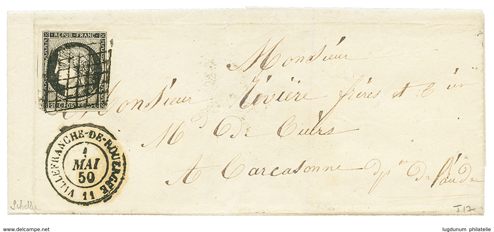 AVEYRON : 1850 20c Noir (n°3) Obl. Grille + VILLEFRANCHE-DE-ROUERGE Sur Lettre. Signé SCHELLER. TTB. - 1849-1850 Cérès