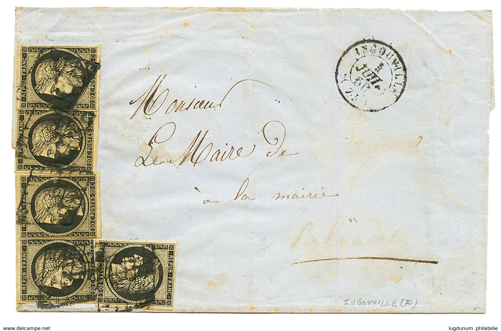 1850 5 Exemplaires Du 20c Noir Sur Jaune (n°3) Obl. Grille + T.15 INGOUVILLE Sur Lettre Pour BAYEUX. 1 Timbre Pd. Verso, - 1849-1850 Ceres