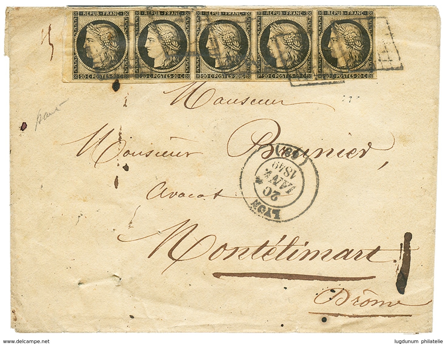 1849 Bande De 5 Bord De Feuille Du 20c Noir (n°3) Obl. Grille + T.14 LYON Sur Enveloppe En Triple PORT Pour MONTELIMAR.  - 1849-1850 Cérès