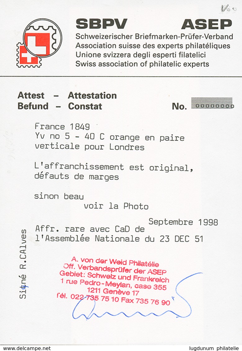 ASSEMBLEE NATIONALE : 1851 Paire 40c CERES (n°5) Touchée Obl. GRILLE + Cachet ASSEMBLE NATIONALE Sur Enveloppe Pour L' A - 1849-1850 Ceres