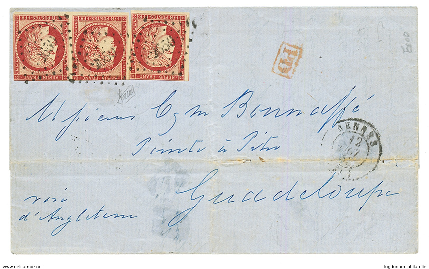1853 1F (n°6)x3 Pd Obl. PC 2650 + T.15 RENNES Sur Lettre Pour La GUADELOUPE. RARE. TB. - 1849-1850 Ceres