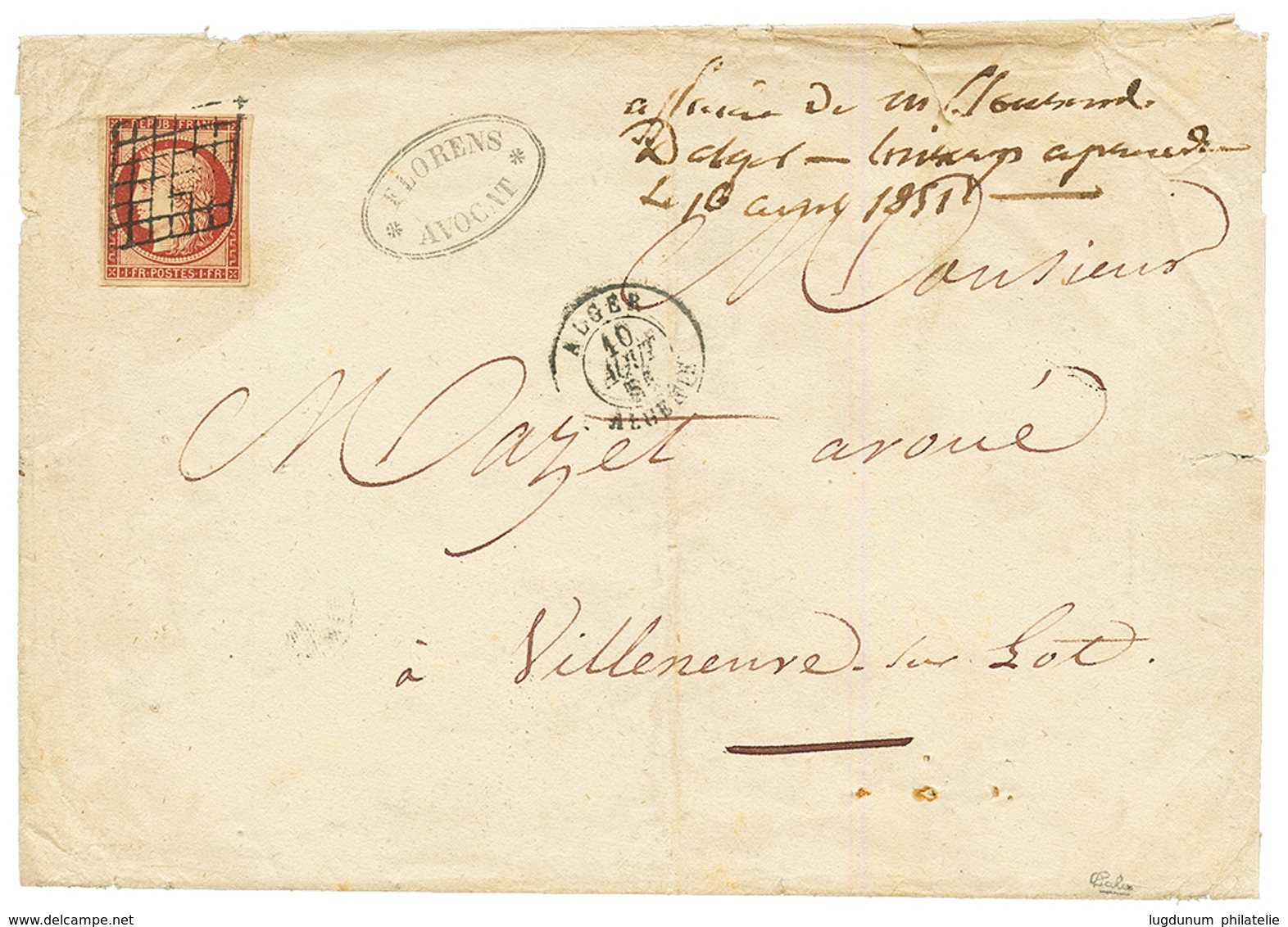 "1F CARMIN Utilisé En ALGERIE" : 1851 1F CARMIN (n°6) TB Margé Obl. Grille + ALGER ALGERIE Sur Enveloppe Pour La FRANCE. - 1849-1850 Cérès