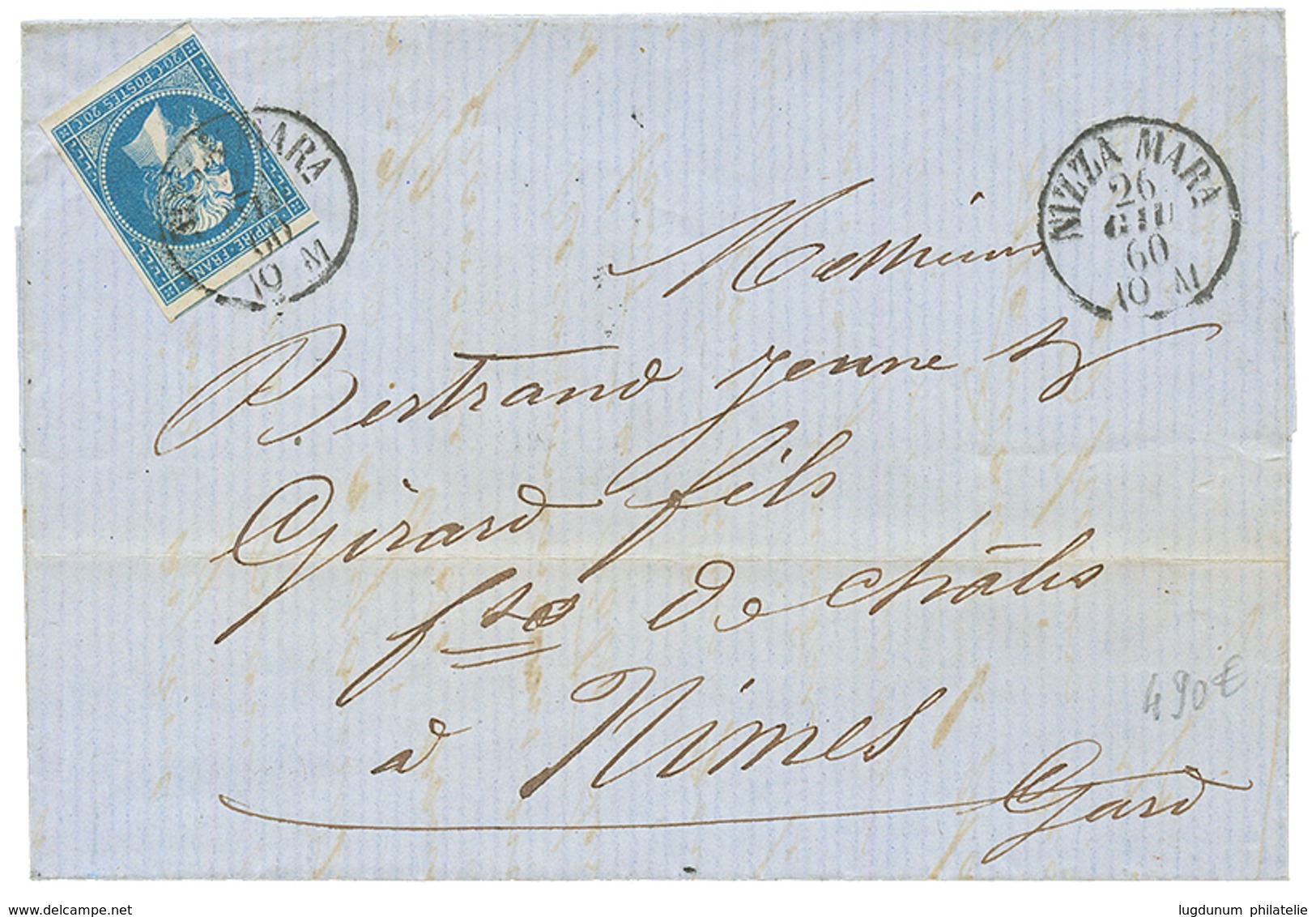 1860 20c (n°14) 3 Grandes Marges Filet Intact à Gauche Obl. NIZZA MARA Sur Lettre Pour NIMES. Superbe. - 1853-1860 Napoléon III