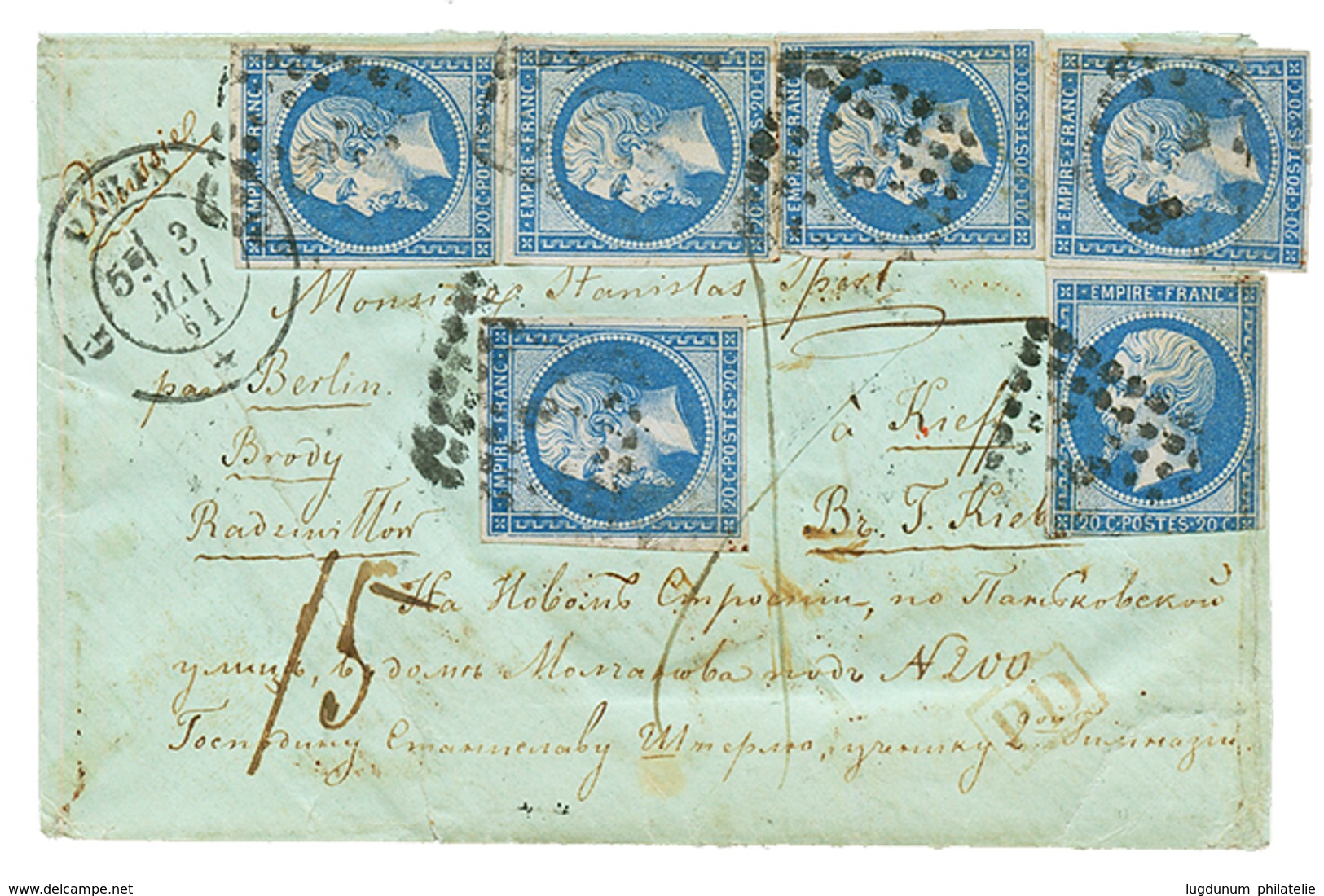 "VIA BRODY" : 1861 20c (n°14)x6 Sur Enveloppe De PARIS Via BERLIN, & BRODY Pour KIEFF (RUSSIE). RARE. TB. - 1853-1860 Napoleone III