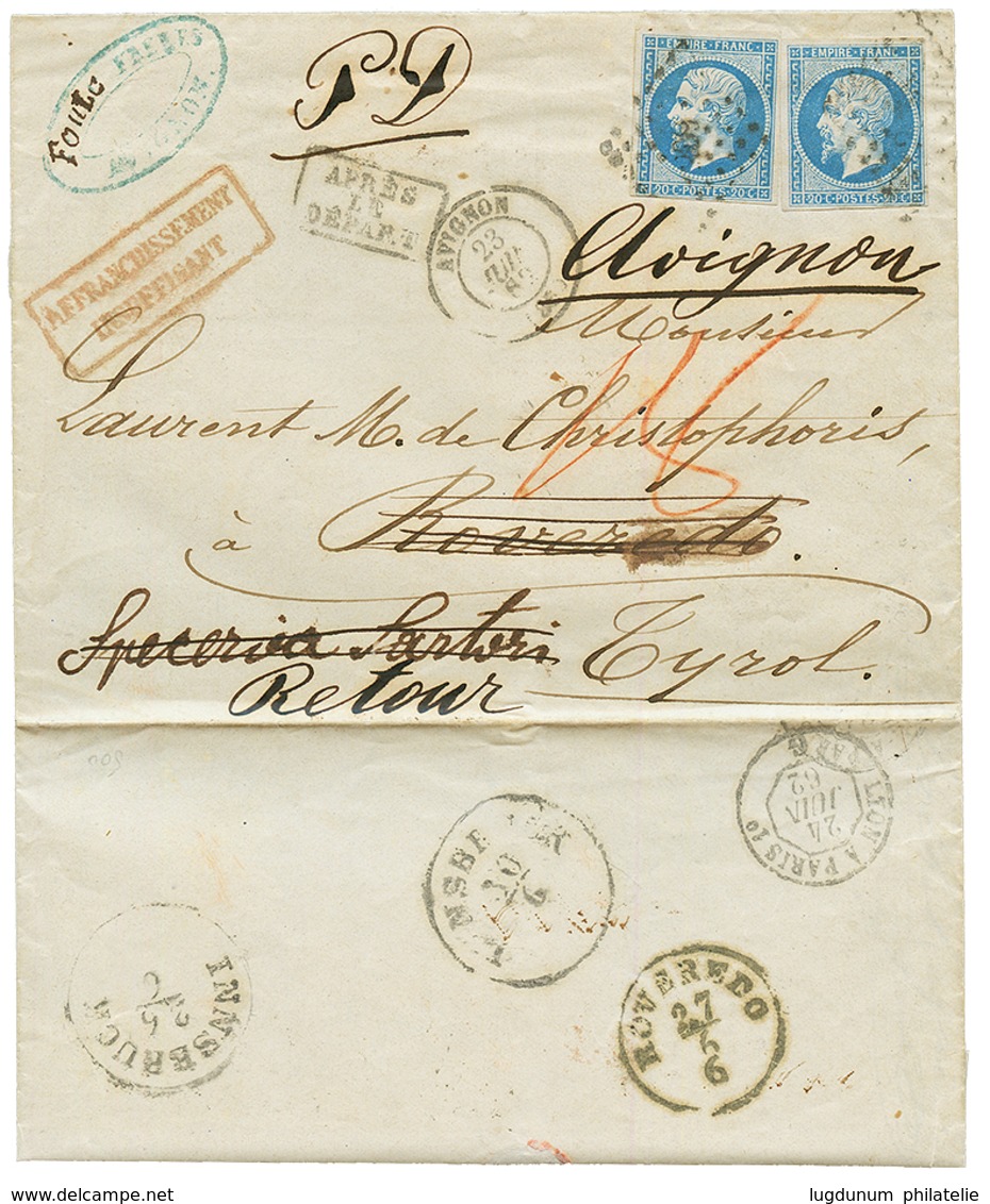 1862 20c (n°14)x2 Obl. PC + T.15 AVIGNON + APRES LE DEPART + AFFRANCHISSEMENT INSUFFISANT Sur Lettre Pour ROVEREDO TYROL - 1853-1860 Napoléon III
