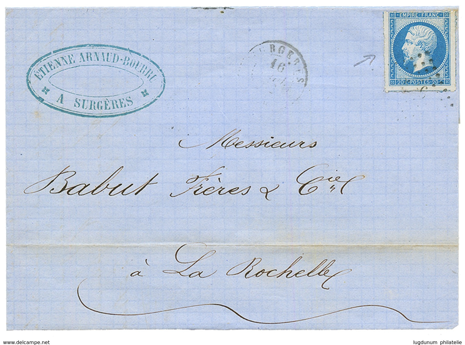 "PIQUAGE De SURGERES" : 1862 20c (n)14) Piquage Spécial De SURGERES Sur Lettre Pour LA ROCHELLE. TB. - 1853-1860 Napoléon III