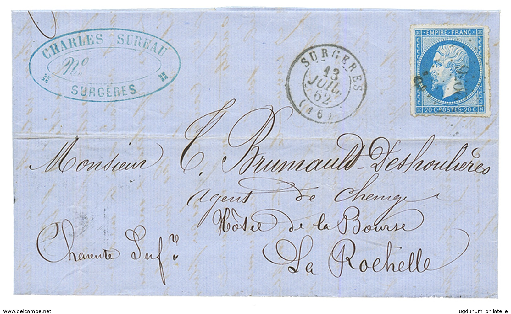 "PIQUAGE De SURGERES" : 1862 20c(n°14) Type 2 Avec Piquage Spécial Obl. PC 2956 + T.15 SURGERES Sur Lettre. RARE. Superb - 1853-1860 Napoleon III