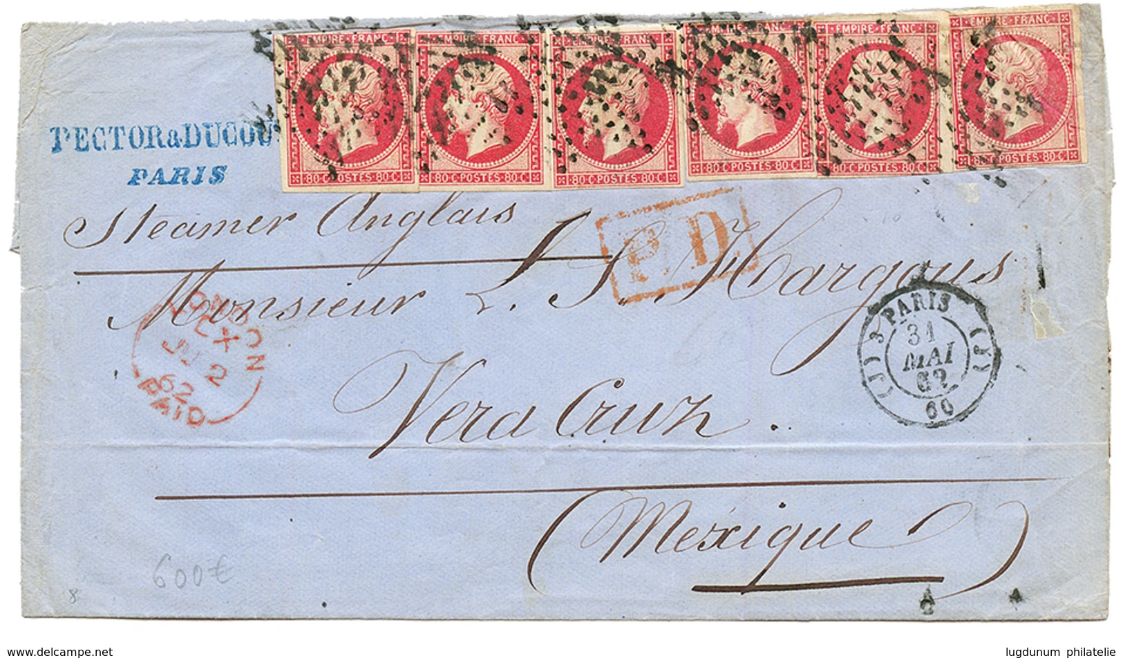 "4F80 Pour Le MEXIQUE" : 1862 80c (n°17) X6 Obl. ETOILE Pleine Sur Lettre De PARIS Pour VERA-CRUZ. Affrt Rare. TB. - 1853-1860 Napoléon III