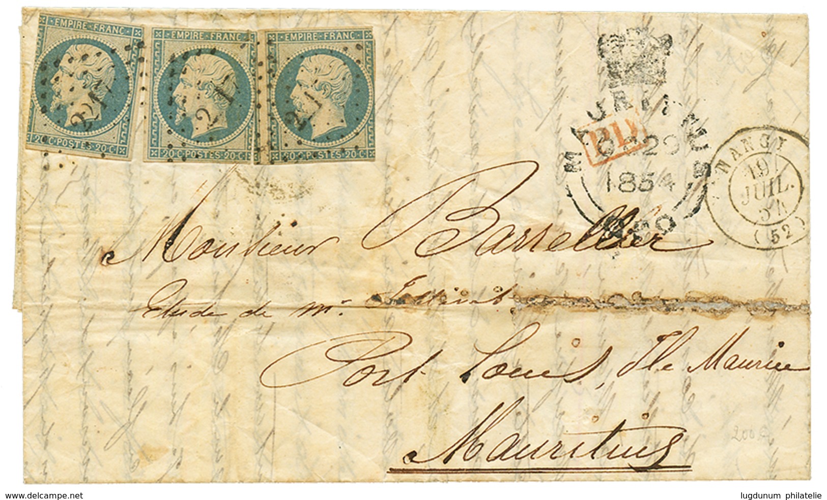 "Double Port Tarif BATIMENT De COMMERCE Pour L' ILE MAURICE" : 1854 20c (n°14)x3 Pd Obl. PC 2217 + T.15 NANCY 19 Juil 54 - 1853-1860 Napoléon III