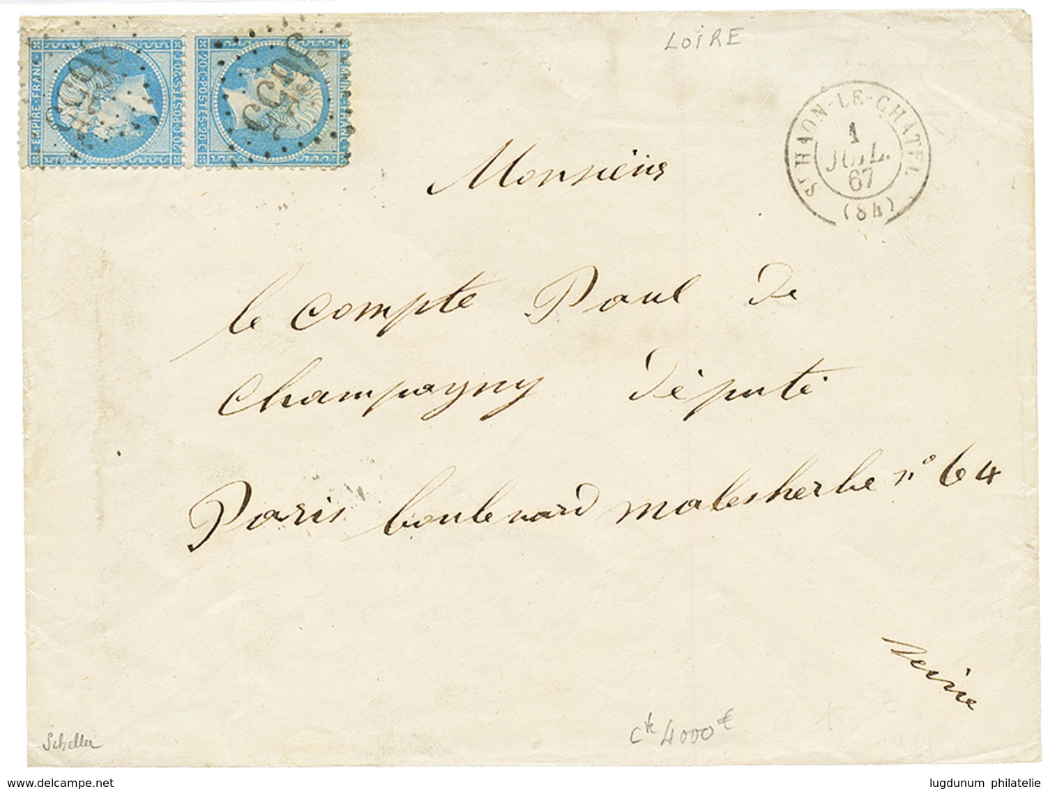 "TÊTE-BÊCHE" : 1867 Paire TÊTE-BÊCHE Du 20c (n°22b) Obl. GC 3655 + T.15 ST HAON-LE-CHATEAU Sur Enveloppe Pour PARIS. Une - 1863-1870 Napoléon III Con Laureles