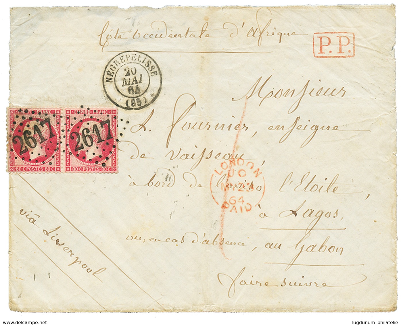 1864 Paire 80c (n°24) Obl. GC 2617 + T.15 NEGREPELISSE Sur Enveloppe Pour LAGOS. Destination Trés Rare. TB. - 1863-1870 Napoléon III Con Laureles