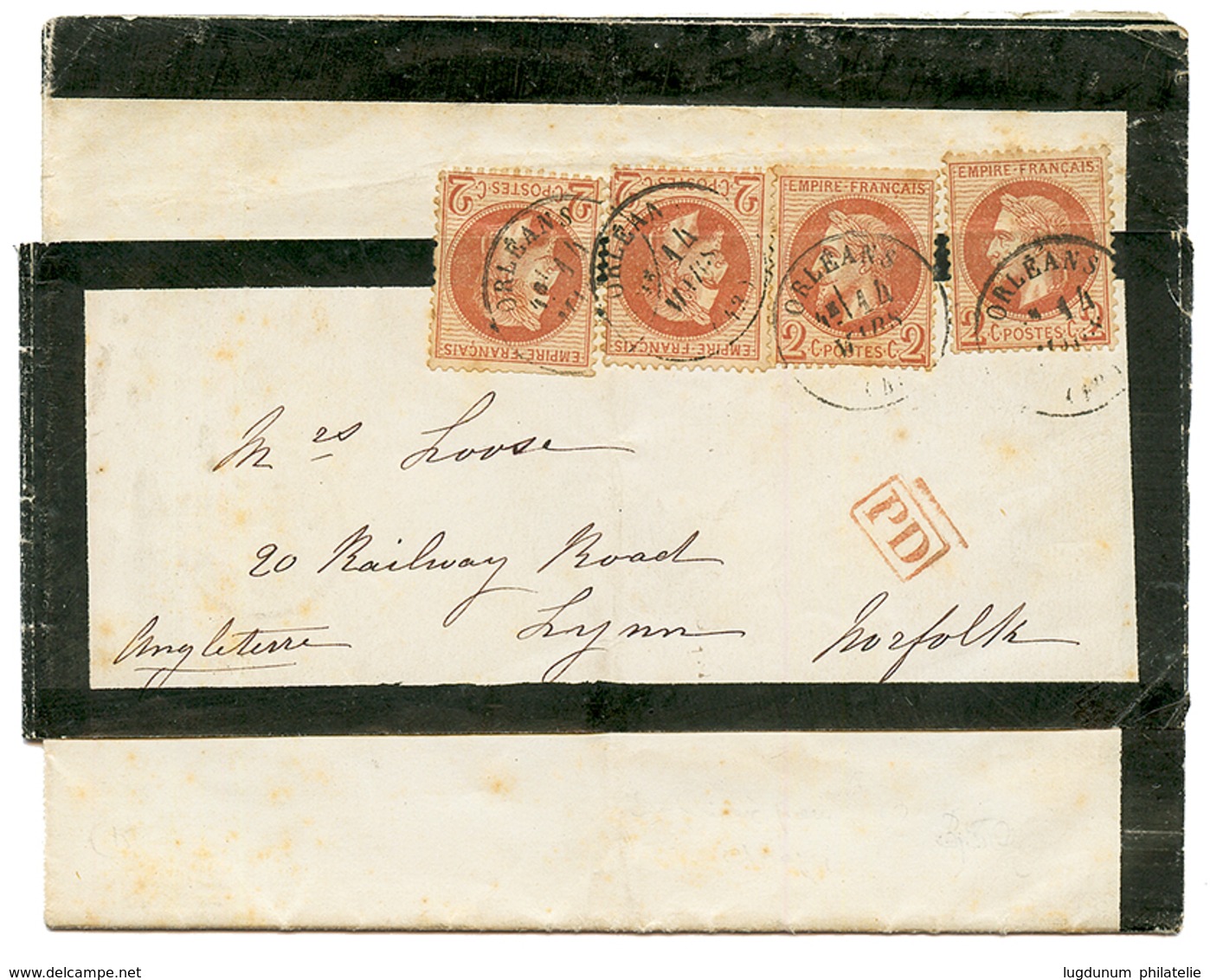1869 2c (n°26)x4 Obl. T.16 ORLEANS Sur IMPRIME Complet Sous Bande Pour LYNN (ANGLETERRE). Affrt Rare à 8c. TTB. - 1863-1870 Napoléon III Con Laureles