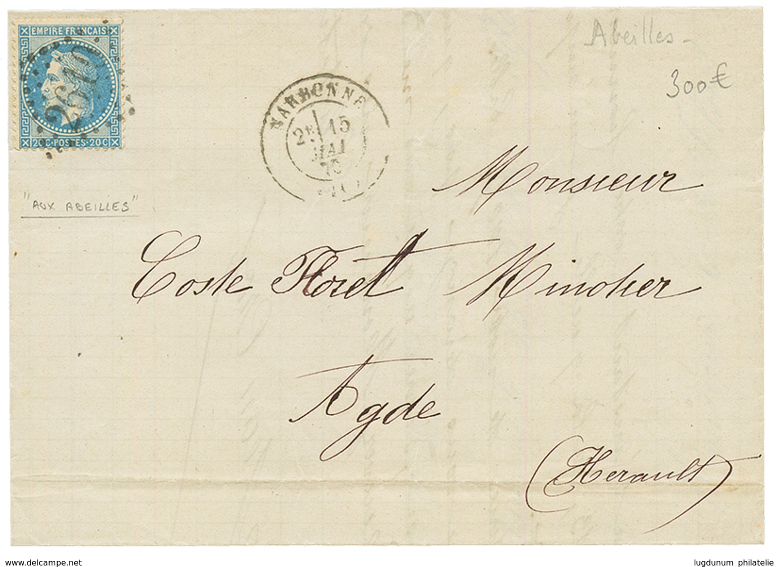 "Variété AUX ABEILLES" : 1870 20c (n°29c) Variété AUX ABEILLES Sur Lettre De NARBONNE. Cote 400€. TTB. - 1863-1870 Napoléon III Con Laureles