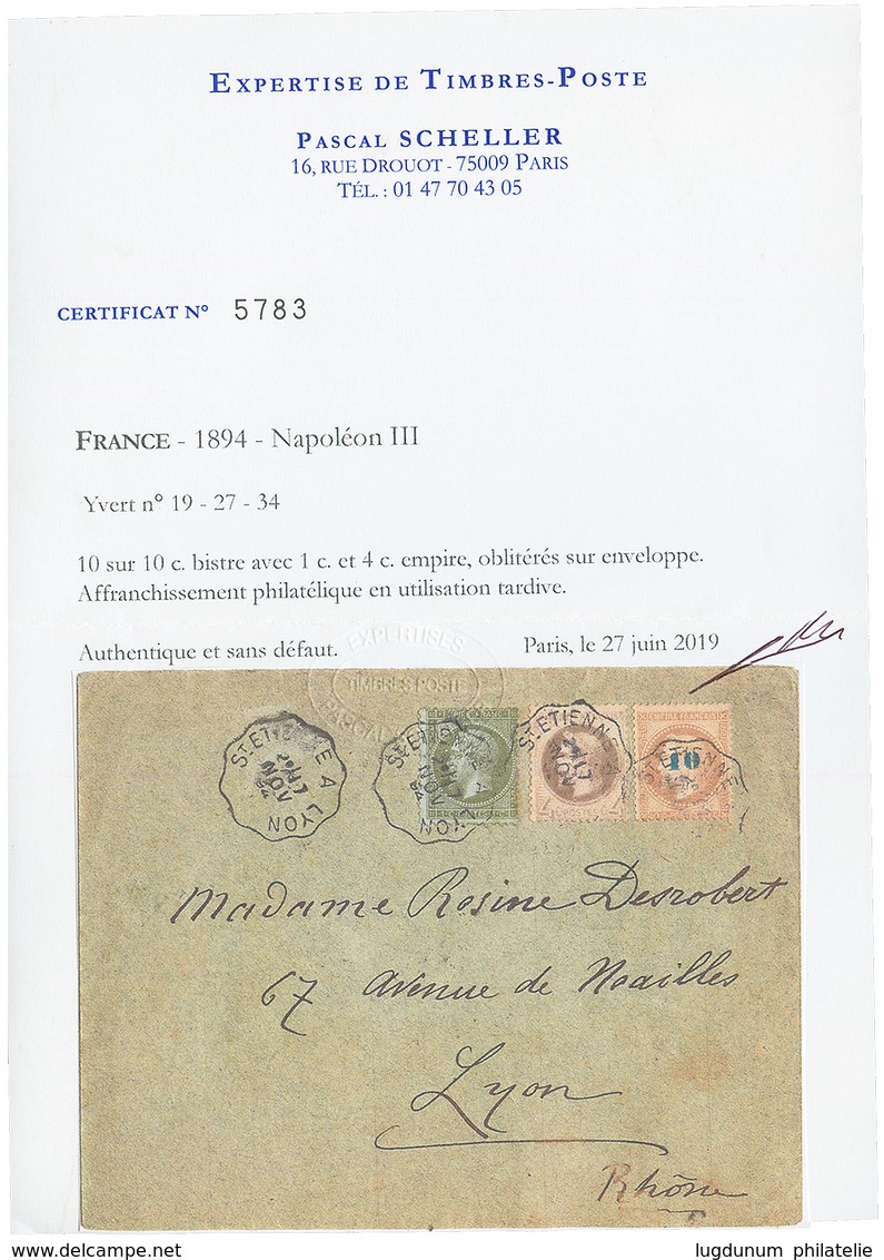 10 S/ 10 NON EMIS : 1894 Timbre NON EMIS 10 S/ 10 (n°34) + 1(n°19) + 4c(n°27) Obl. Sur Enveloppe Pour LYON. Utilisation  - 1863-1870 Napoléon III Con Laureles