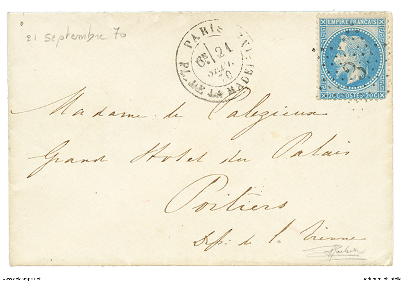 "BALLON RETARDE Du NEPTUNE" : 20c(n°29) Obl. Etoile 3 + PARIS 21 Sept 70 Sur Enveloppe Pour POITIERS. RARE. Signé SOLUPH - Guerra De 1870
